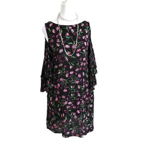 Zara Dress Floral Short Exposed Ruffled Shoulder Black Pink & Green  (S)